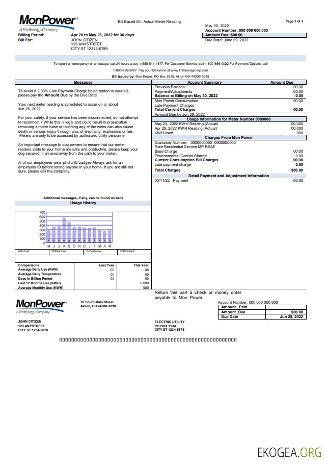USA Mon Power utility bill template in Word and PDF format